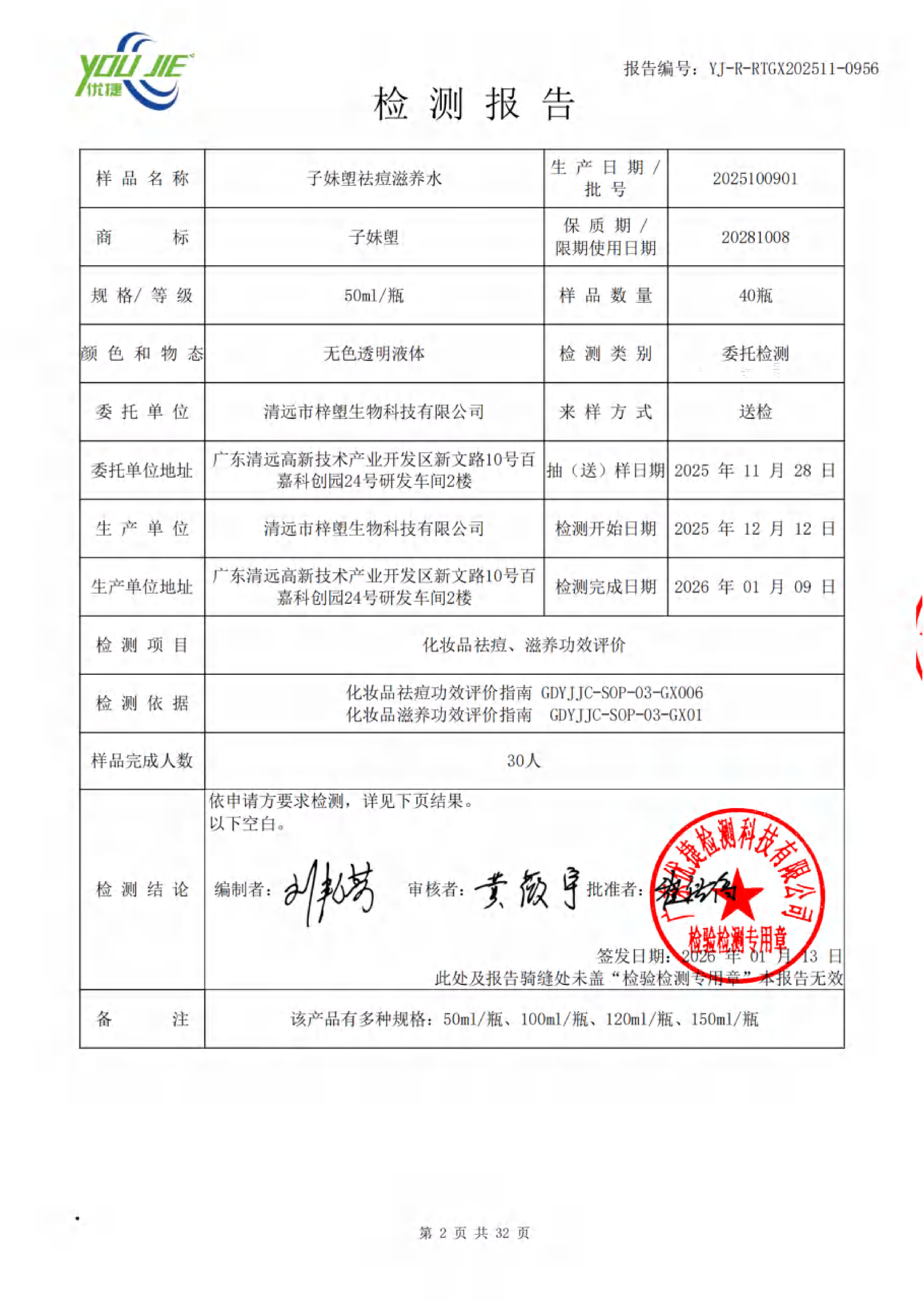 Acne Care Nourishing Lotion testing report basic information page