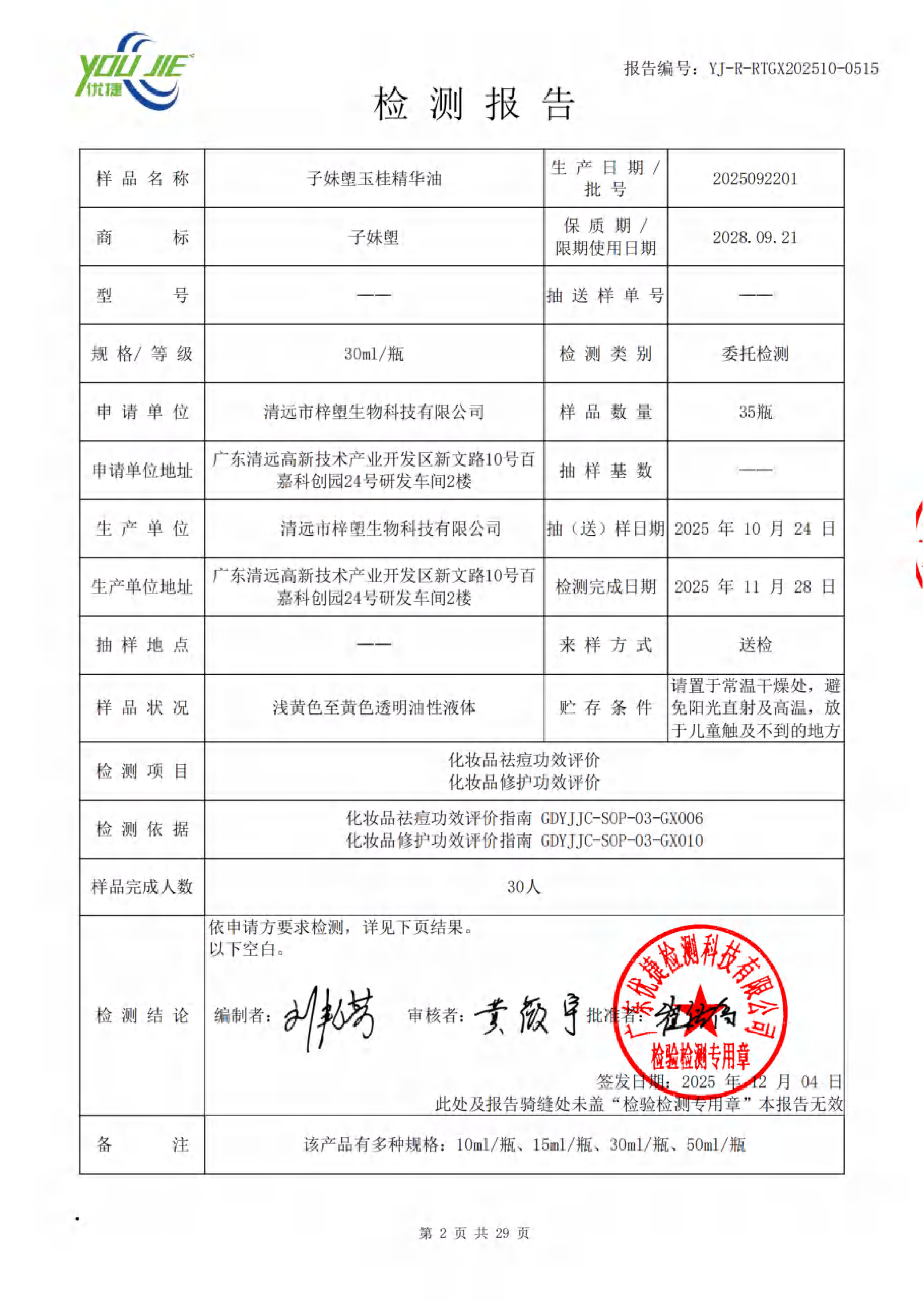 Cinnamon Essence Oil testing report basic information page