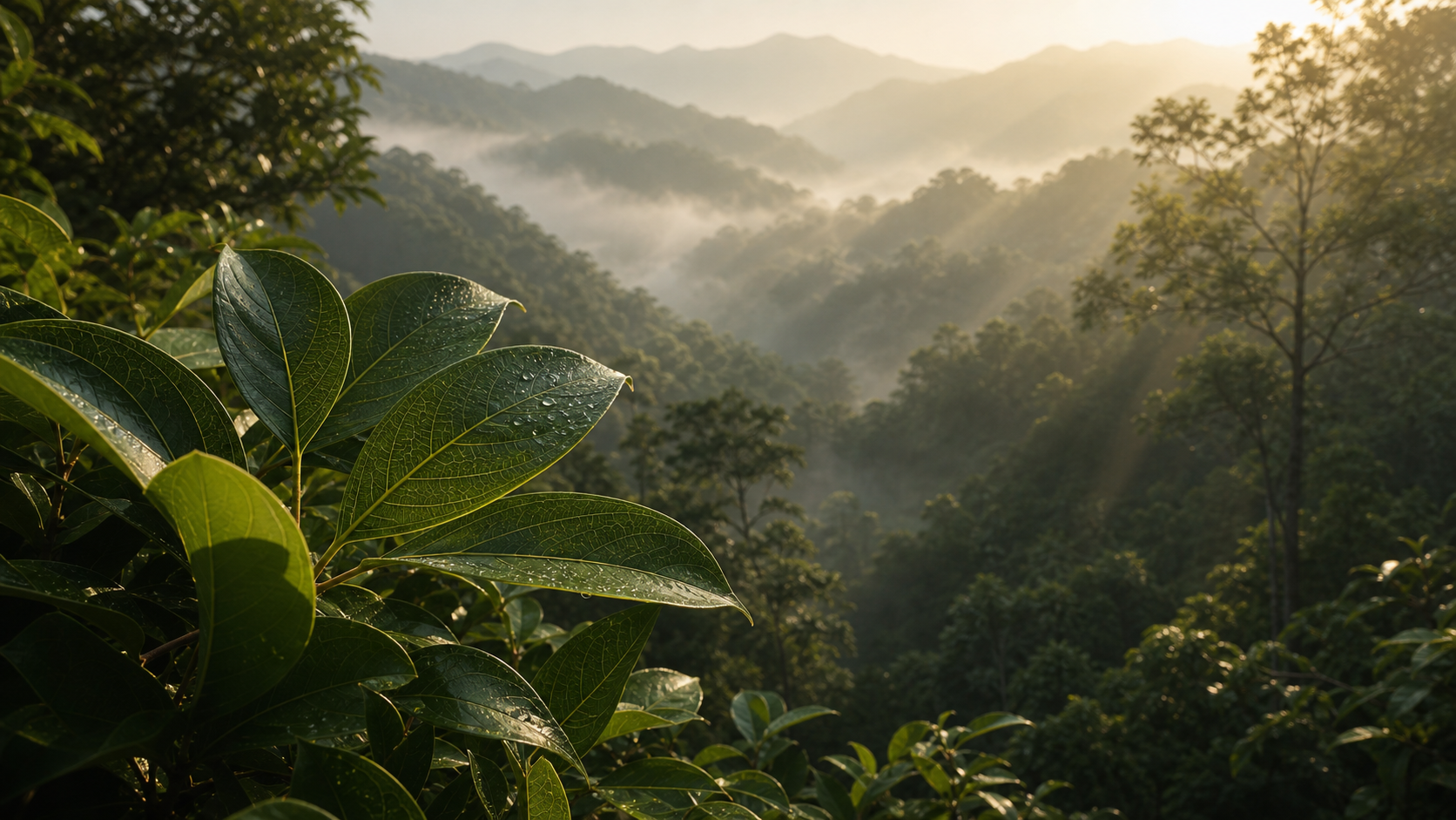 Mountain cinnamon leaves and morning light on Zimeilang Mountain, Qingyuan